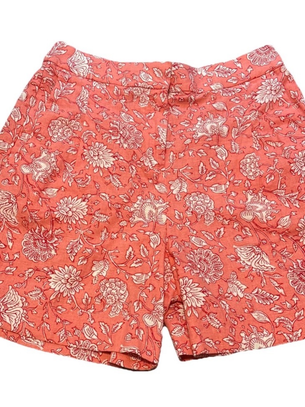 J Crew Pink Coral Floral Linen Blend High Waisted Shorts, Size 2 Front Pockets